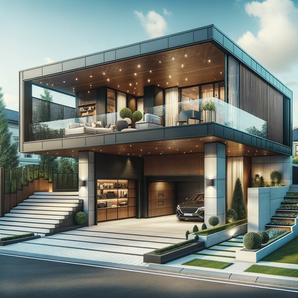 an image of a luxury detached garage with an apartment above, featuring a modern design with premium materials.