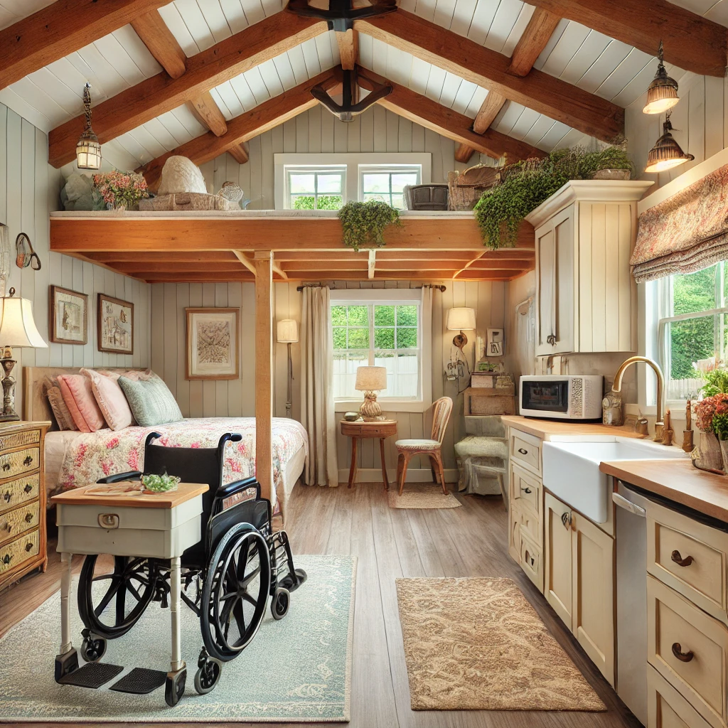 cottage-style in-law suite designed as an accessible retreat, featuring wider doorways, an open floor plan, and a roll-in shower with handrails