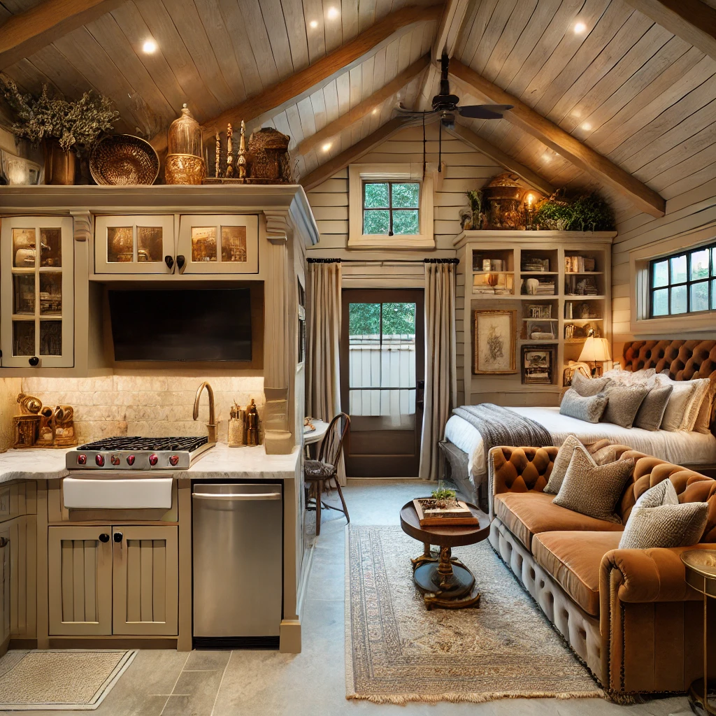 garage conversion into a cottage-style in-law suite designed as a luxe mini-apartment. It features high-end finishes, a cozy living area, premium appliances, and luxurious rustic elements.